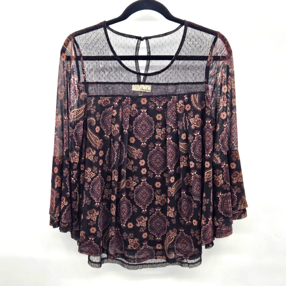 Tru Self‎ Boho Black & Brown Multicolor Mesh Paisley Bell Sleeves Top Medium